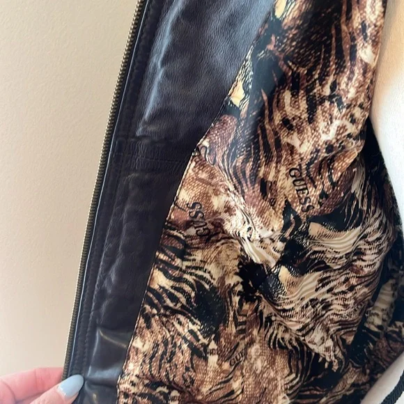 Guess brown bomber leather jacket size S